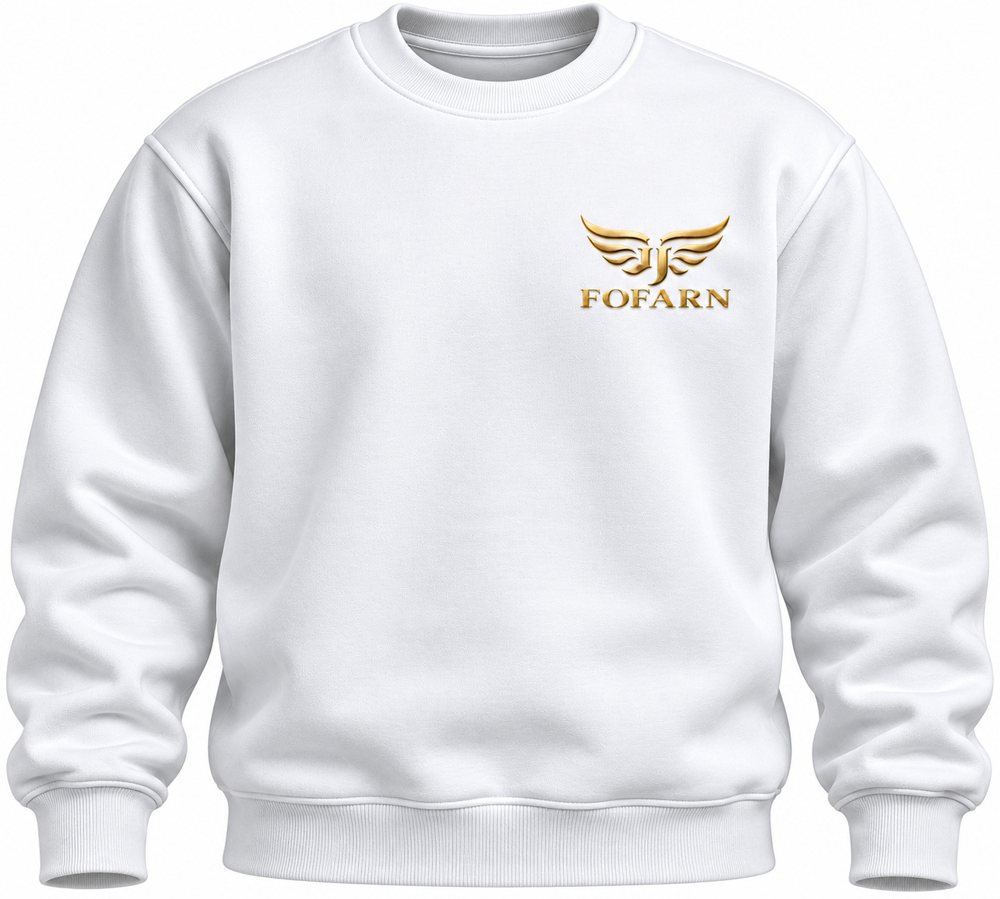 Concept image of the FOFARN crewneck sweatshirt in white with the gold-wing emblem