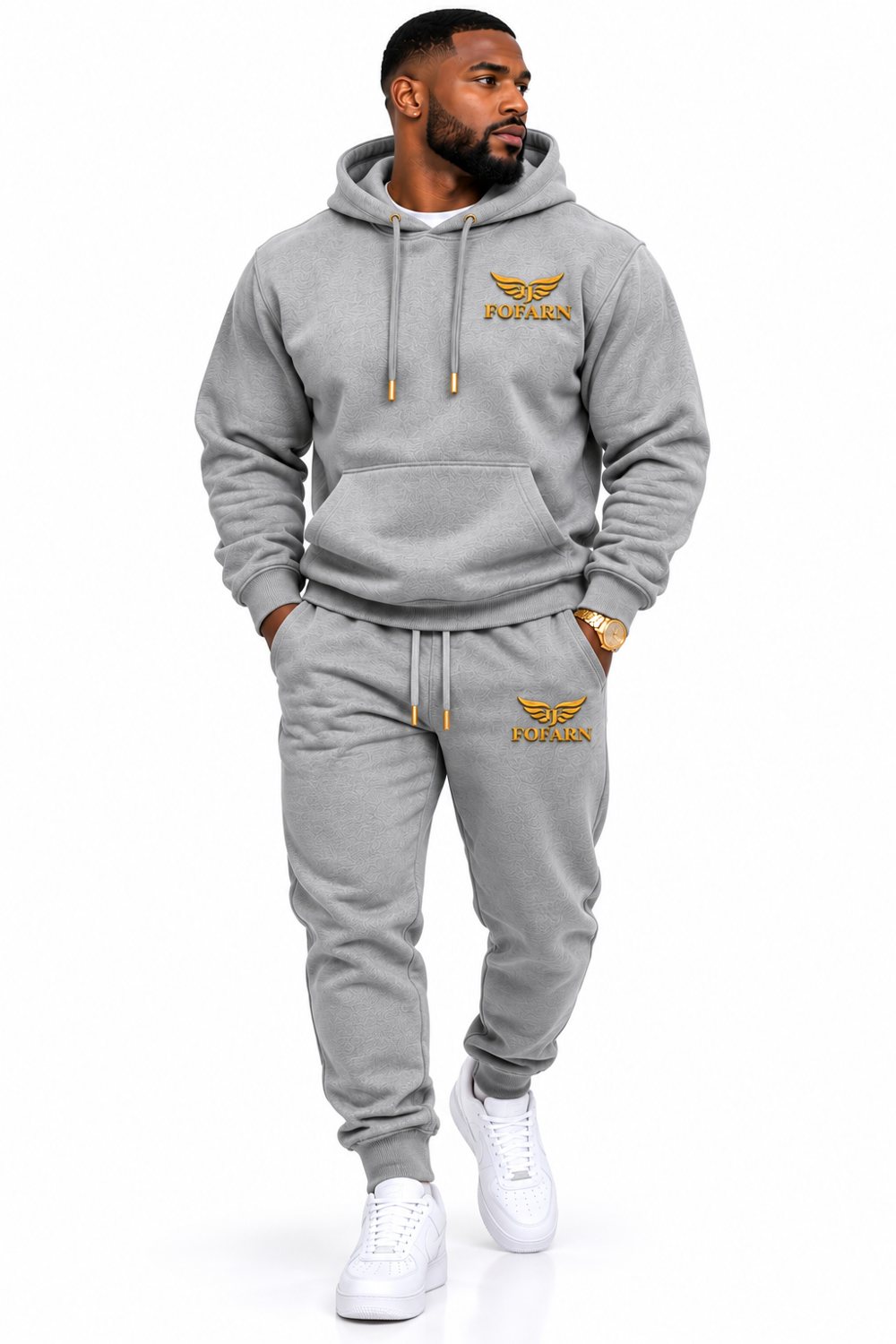 Concept image of the FOFARN heavyweight hoodie in gray, worn with matching joggers