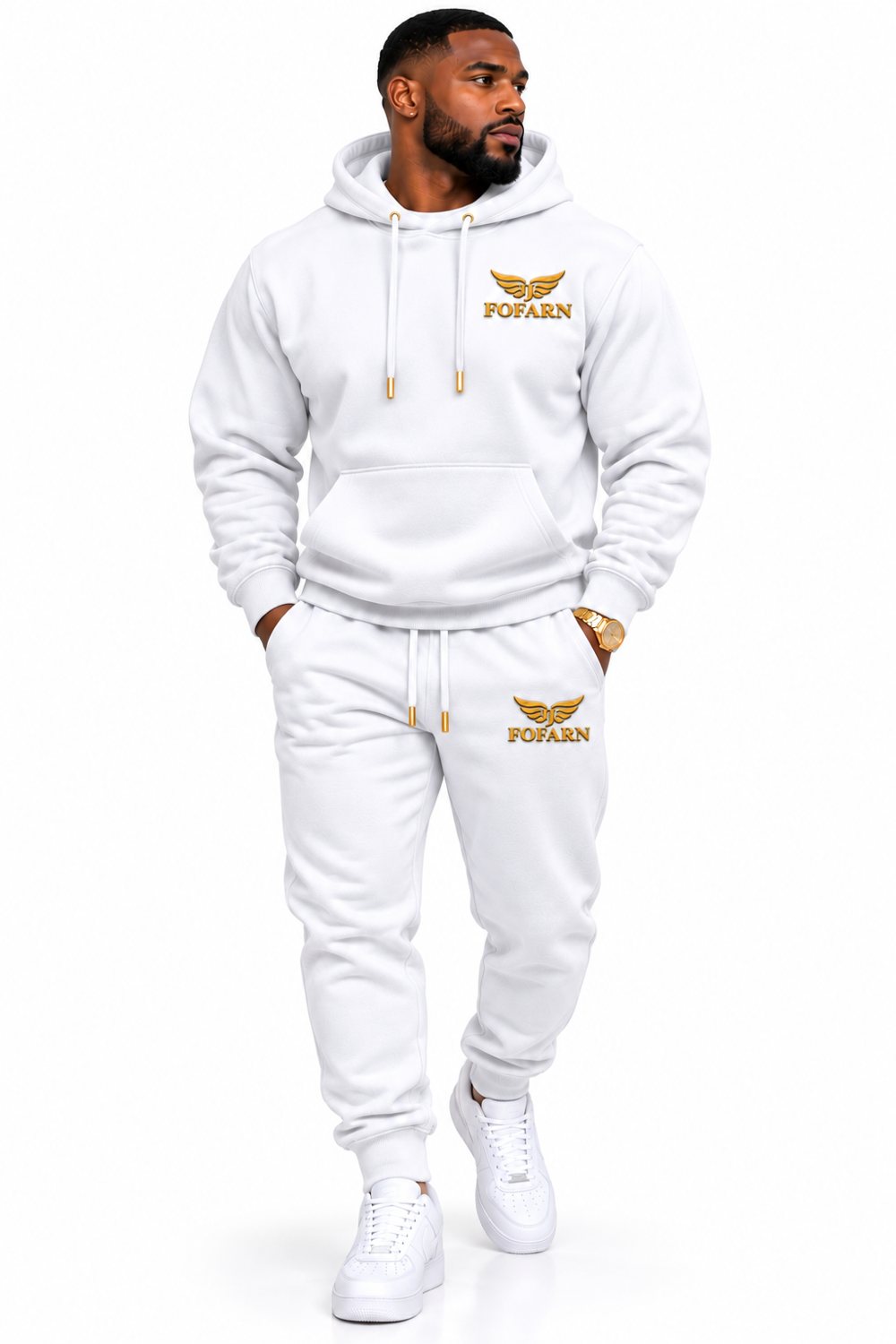 Concept image of the FOFARN heavyweight hoodie in white, worn with matching joggers