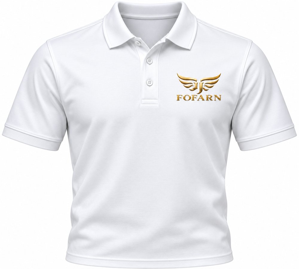 Concept image of the FOFARN Pima cotton polo in white with the gold-wing emblem