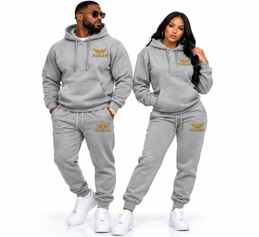 Concept image of the FOFARN hoodie and joggers set in gray, worn by a man and a woman
