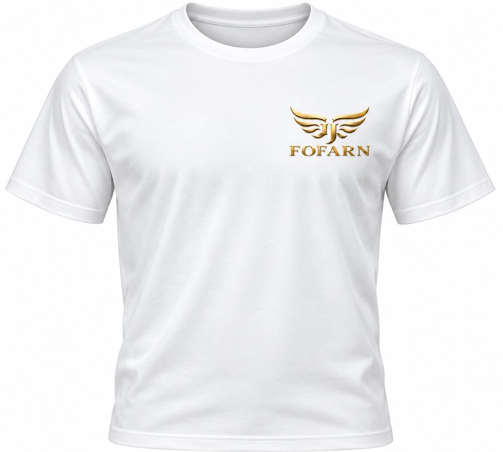 Concept image of the FOFARN Supima cotton tee in white with the gold-wing emblem